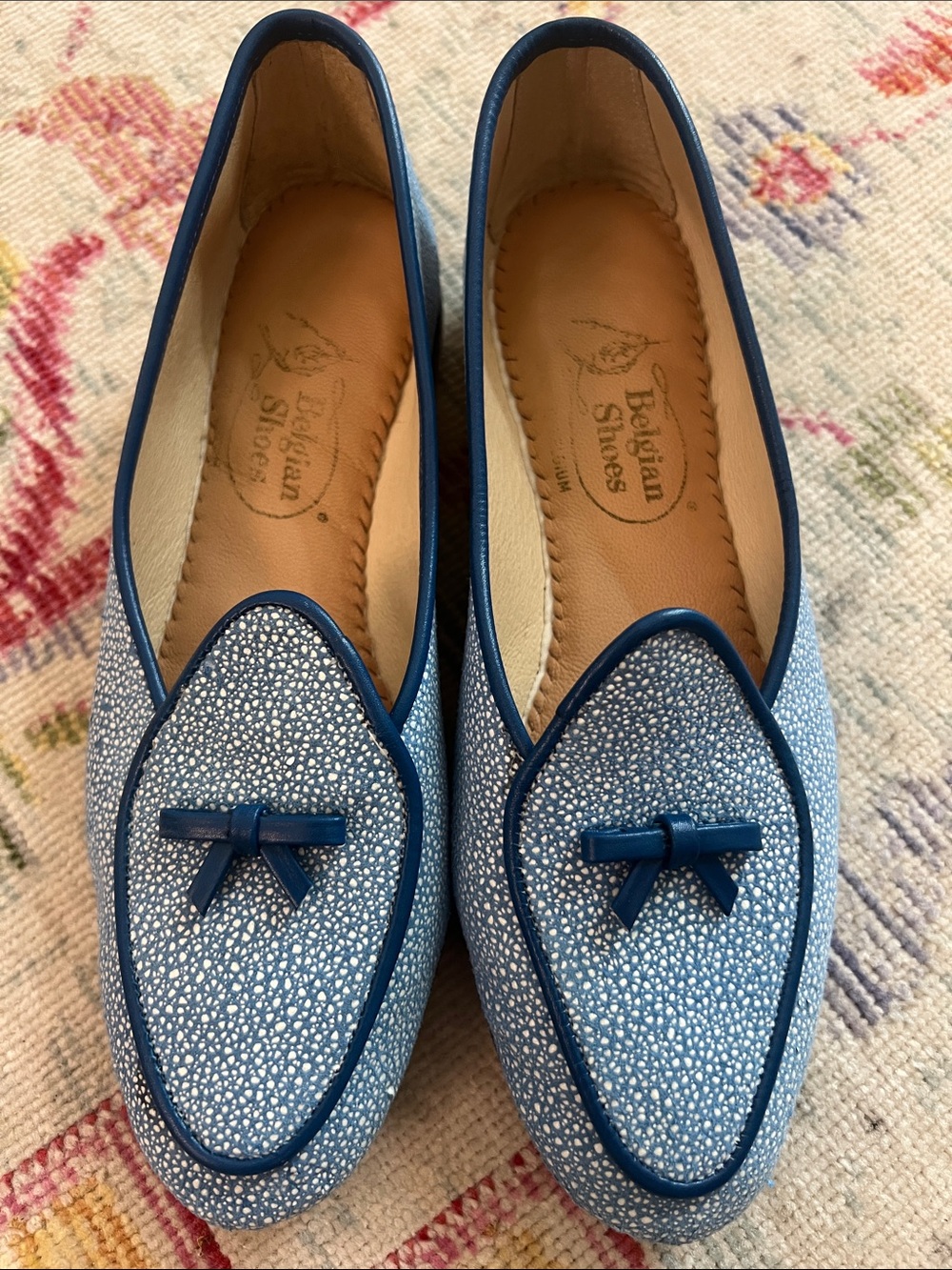 Blue Textured Loafers with Bow